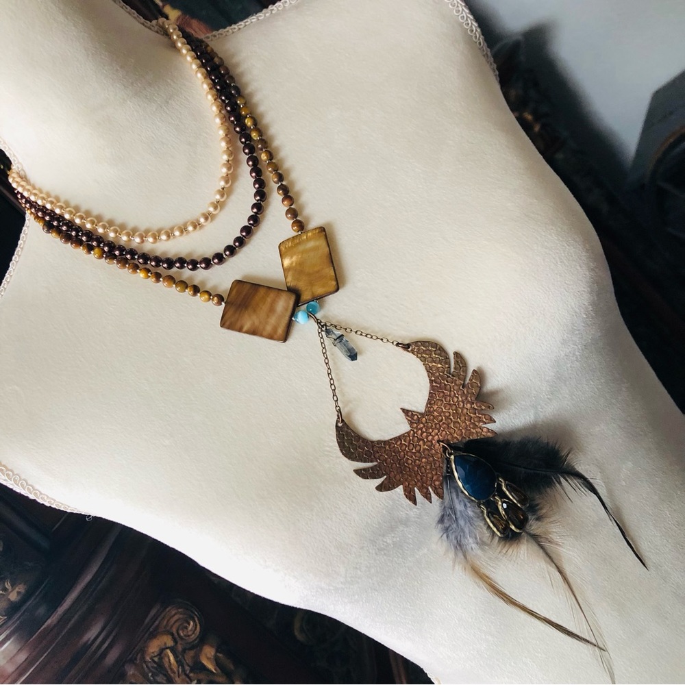 Handcrafted copper eagle Czech Pearl genuine tiger eye stone clasp necklace